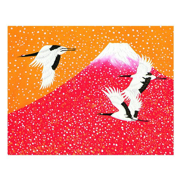 Greeting Card Fuji & Cranes Snow Before Sunset