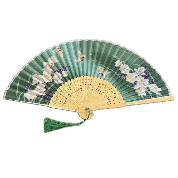 Silk Folding Fan Butterfly & Orchid Green