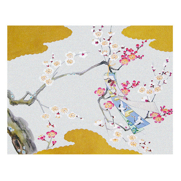 Greeting Card Plum Blossoms and Tanzaku Cranes