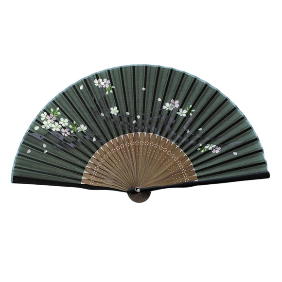 Silk Folding Fan Sakura Dark Green