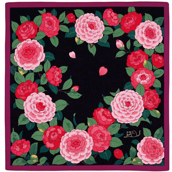 Handkerchief Embroidered Camellia Black