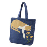 Tote Bag Cat with Flower Dark Blue